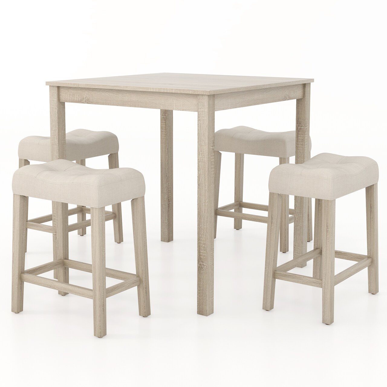5 Pieces Bar Table Set with Square Table and 4 Padded Stools-Grey